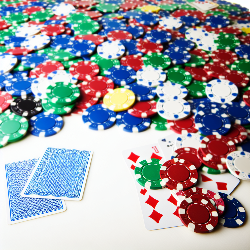 Colorful poker chips and cards scattered.