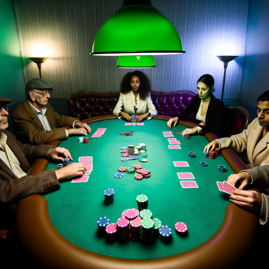 Colorful poker table with diverse players.