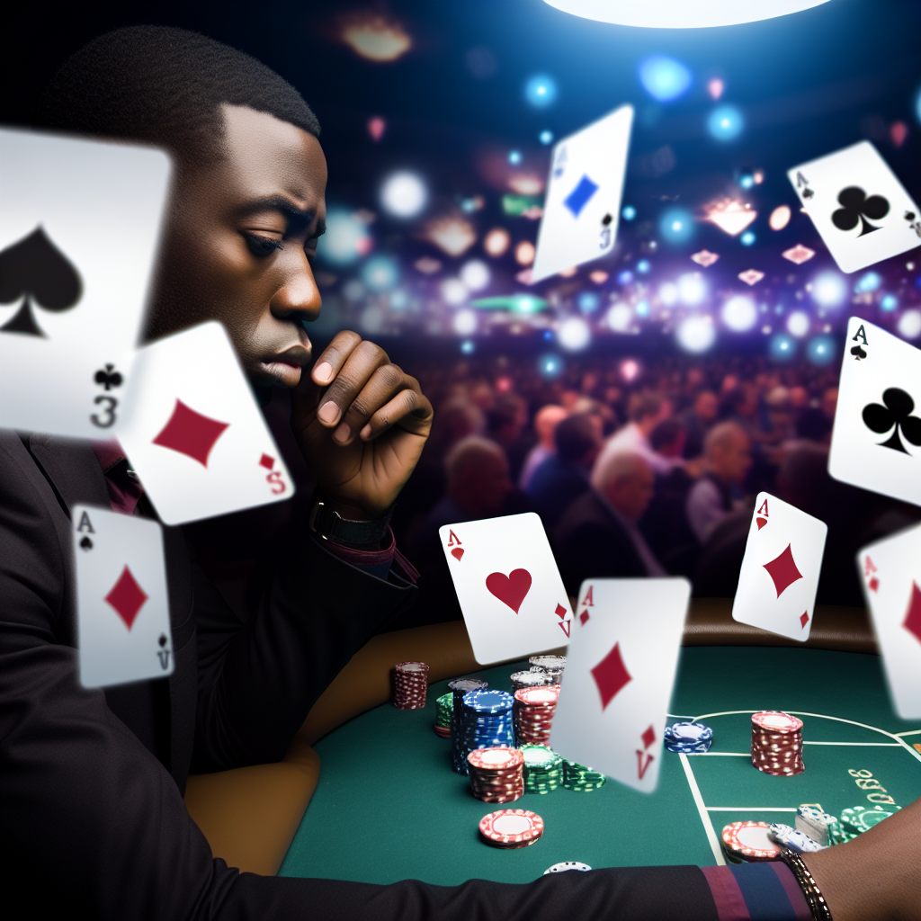 Player surrounded by poker tips cards.
