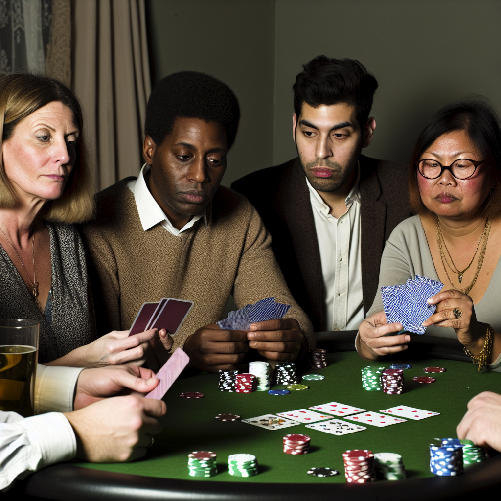 Players at poker table with cards.