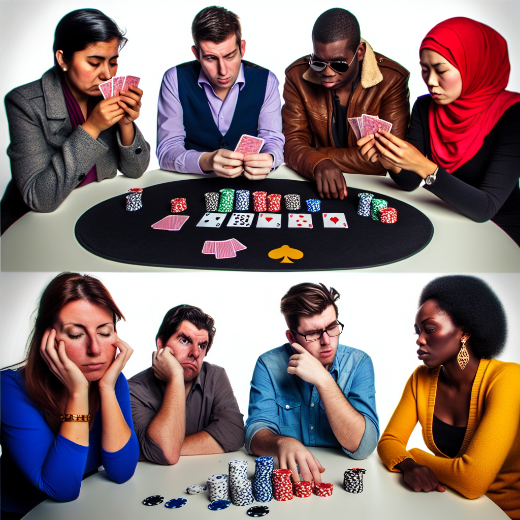 Players at poker table with cards.