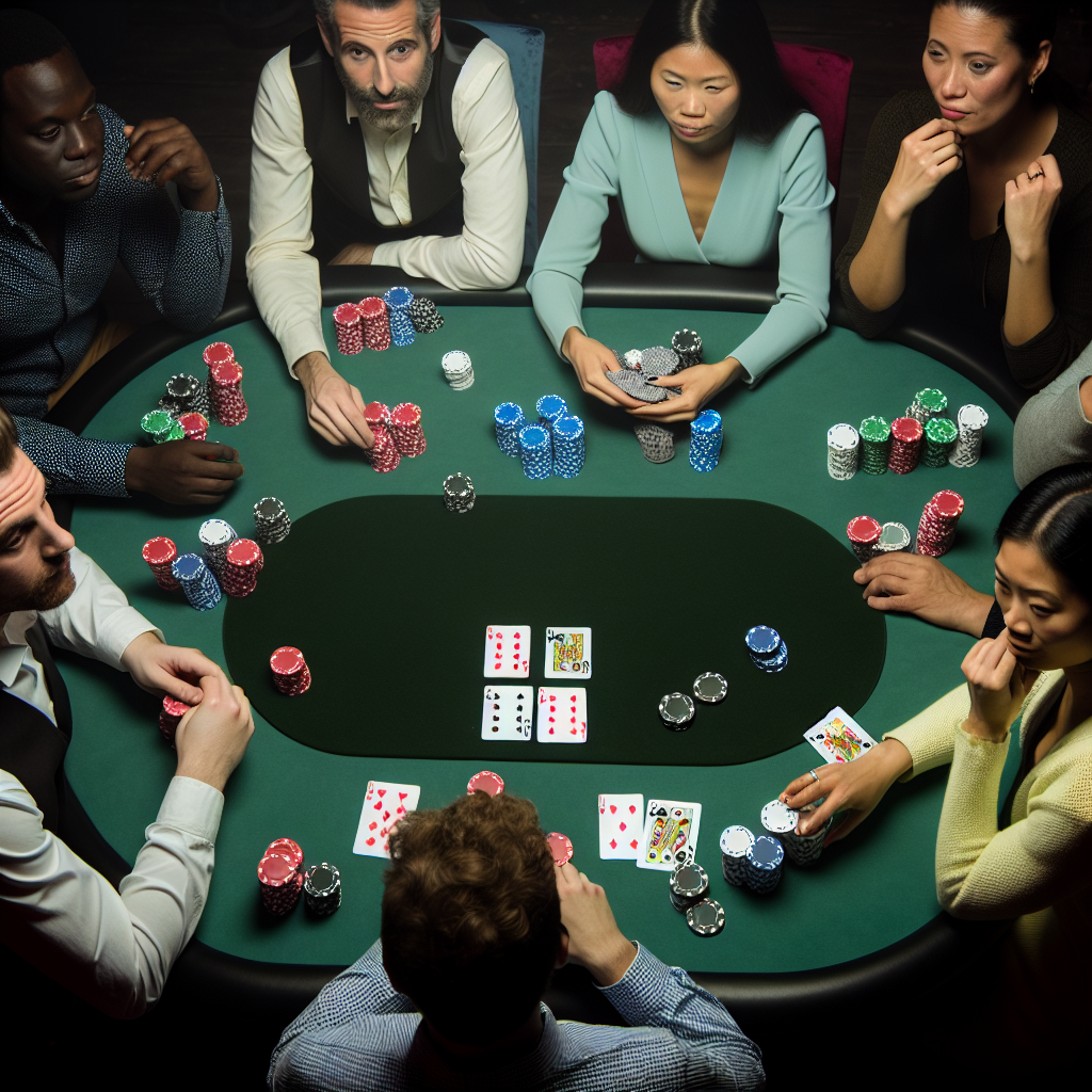 Players focused around poker table game.