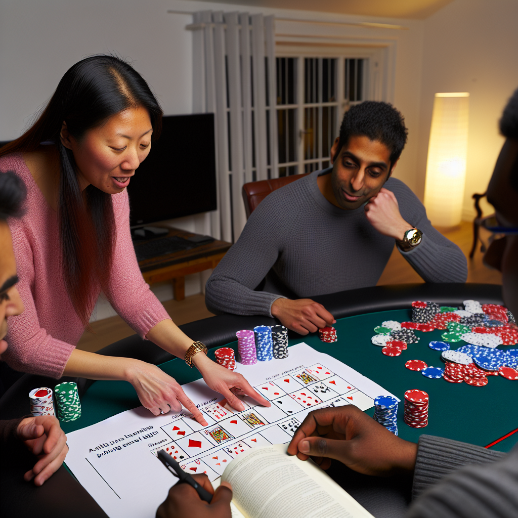 Players studying poker hands and strategies.