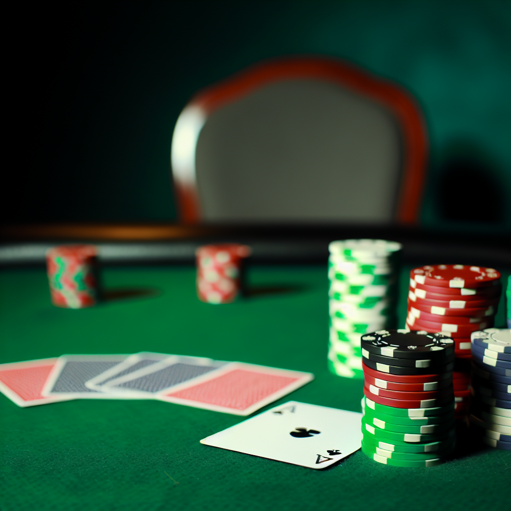 Poker chips stacked high with cards.