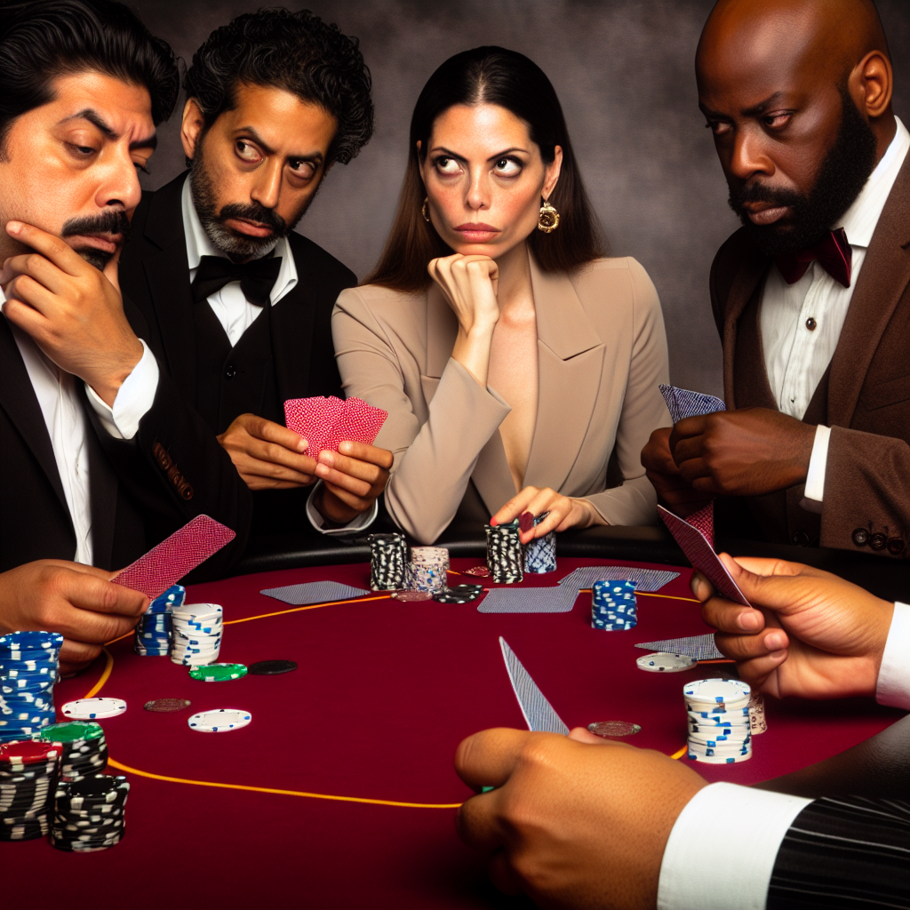 Poker table with players strategizing intensely.