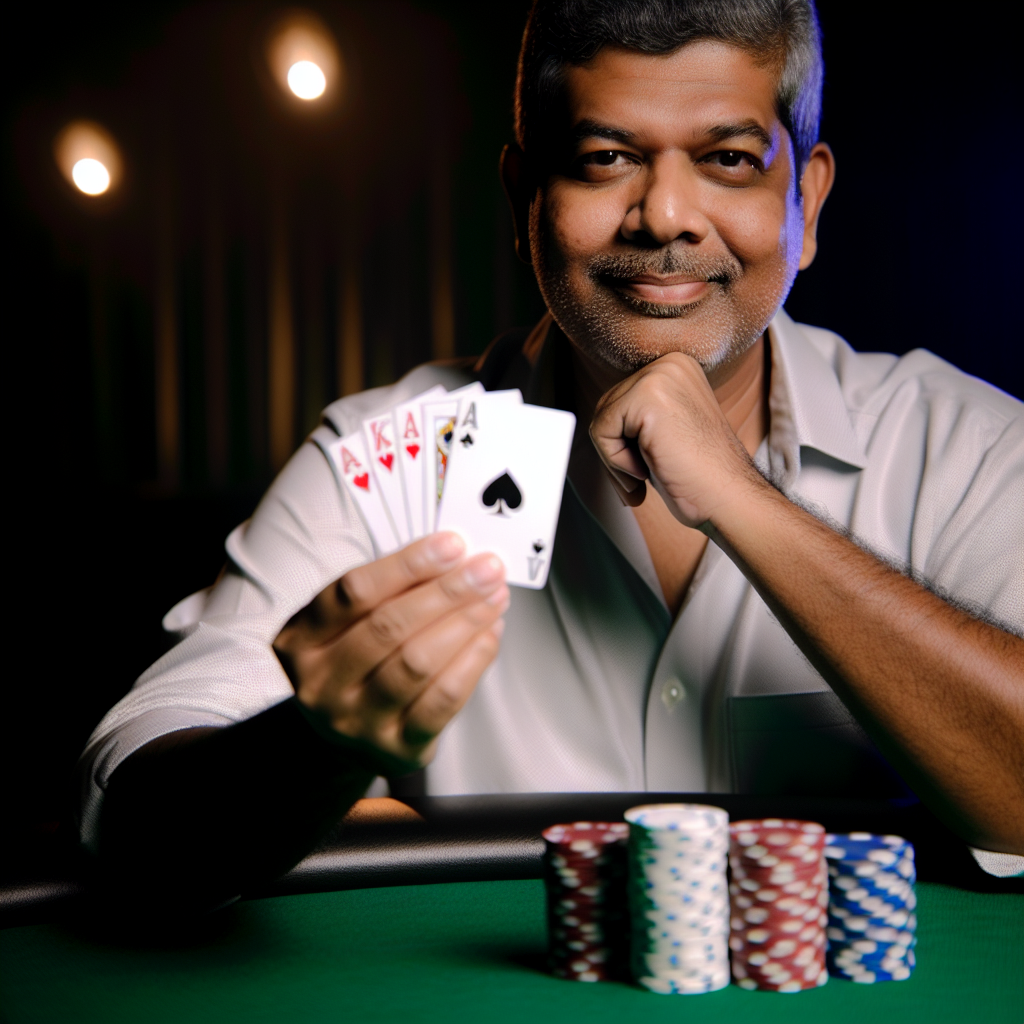 A player confidently holding a winning hand.
