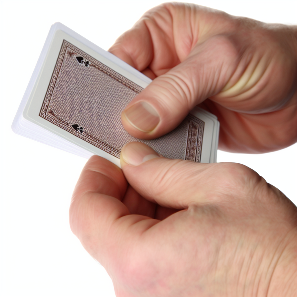 Close up of hands holding cards.