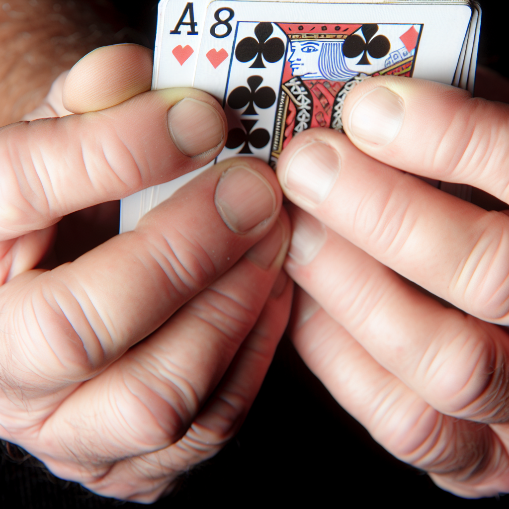 Close-up of hands holding poker cards.