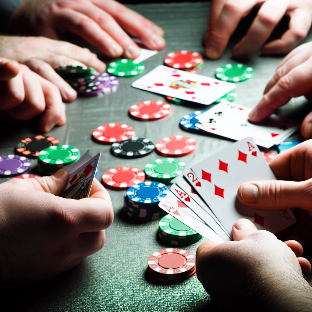 Close-up of poker hands with chips.