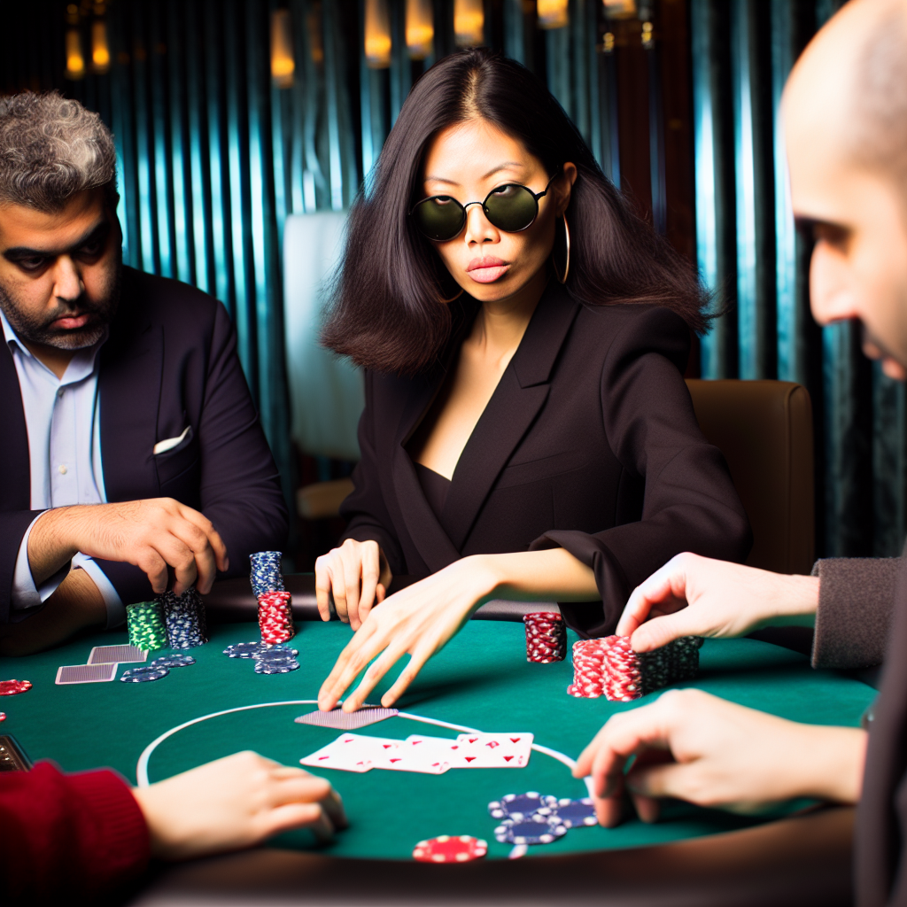 Focused poker player studying opponents' moves.