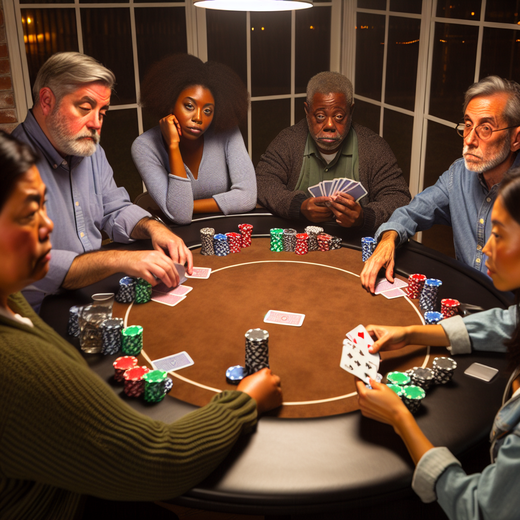 Players around a poker table strategizing.