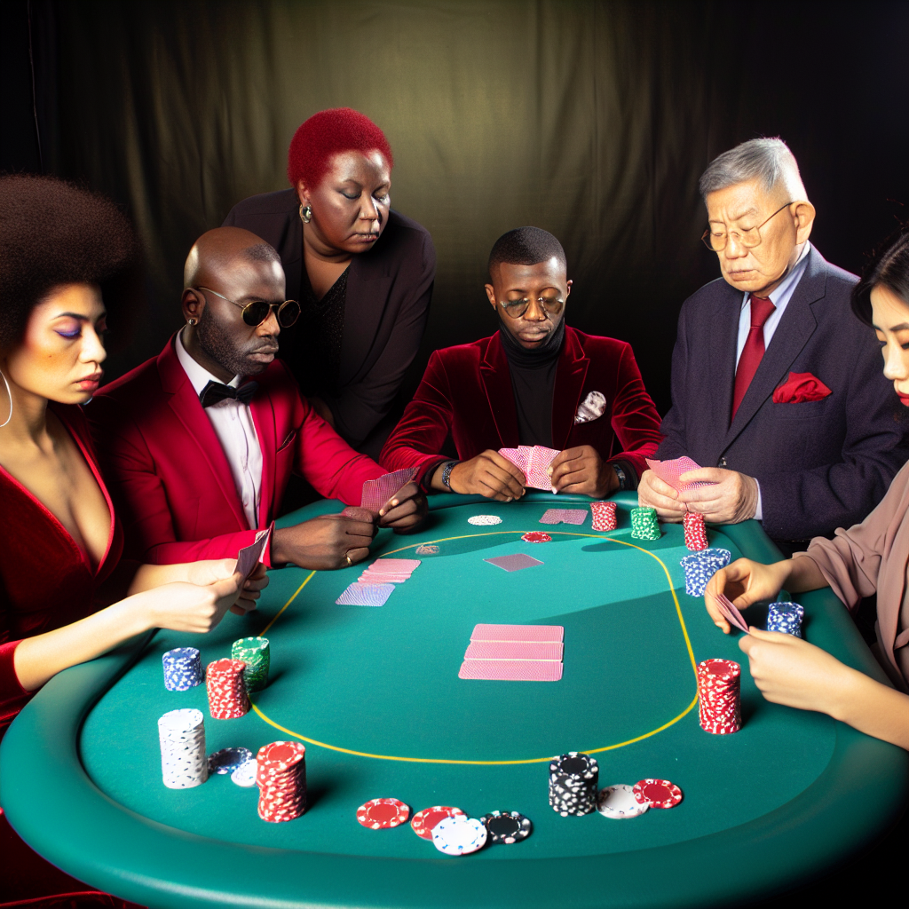 Players around poker table strategizing bets.
