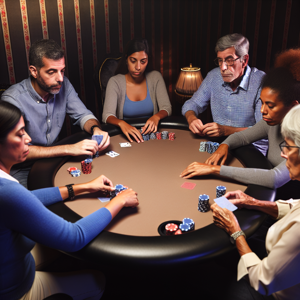 Players around poker table strategizing hands.