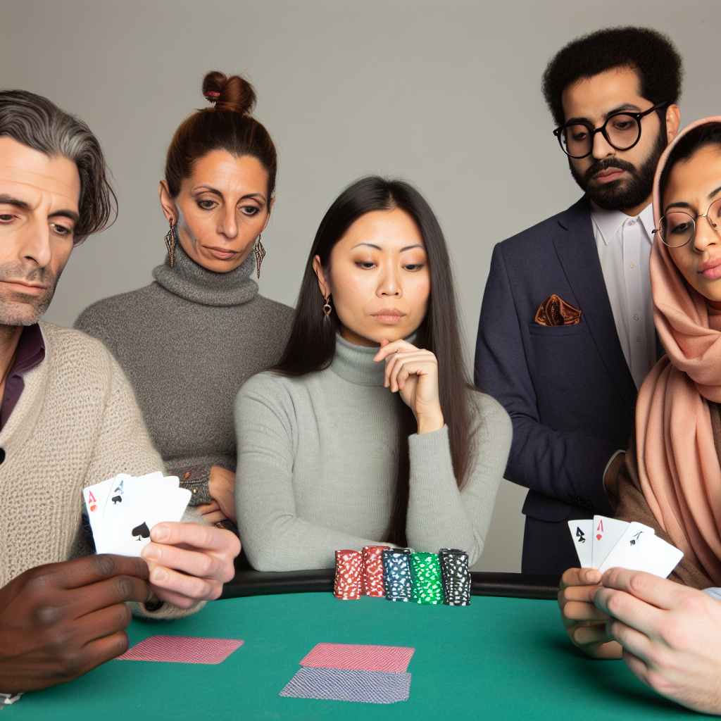 Players around poker table studying hands.