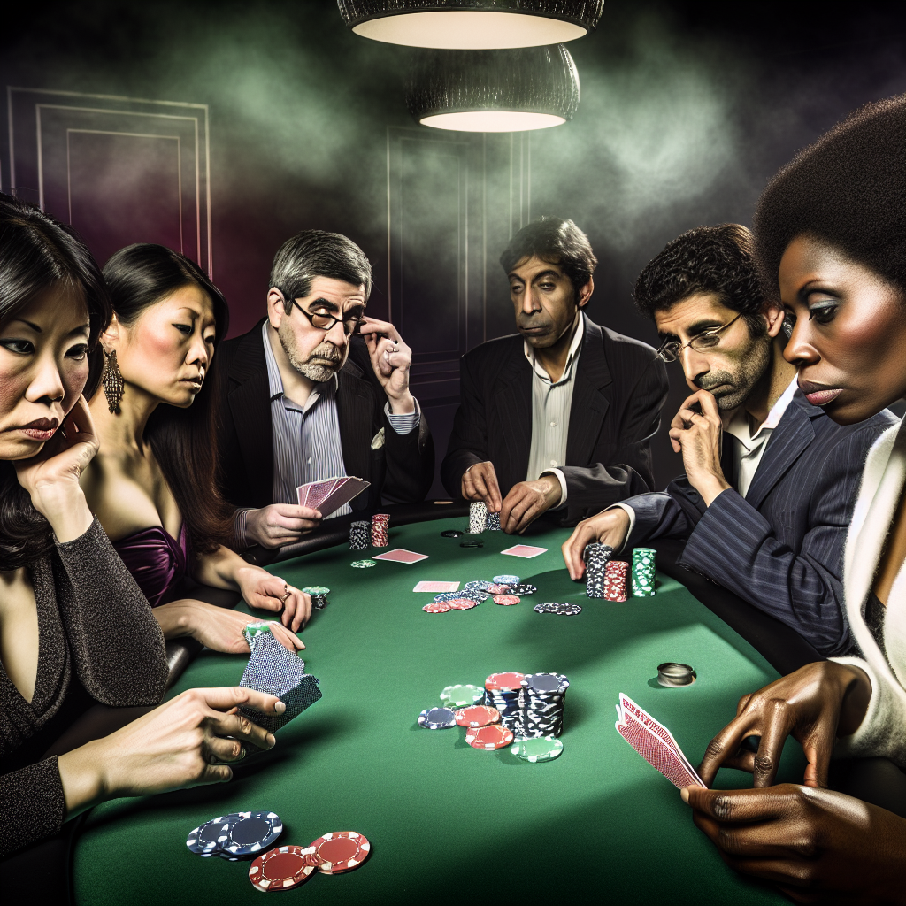 Players at a poker table strategizing.