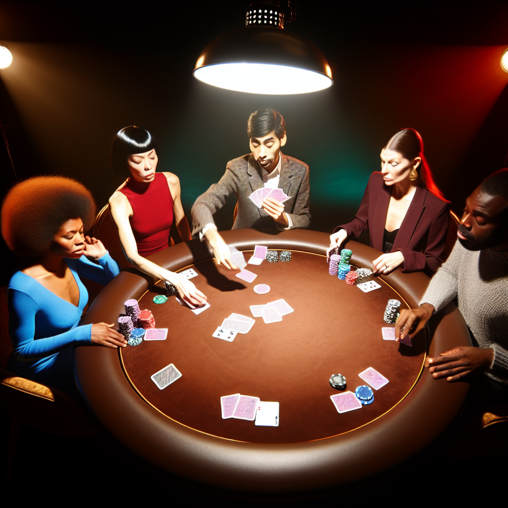 Players at poker table with cards.