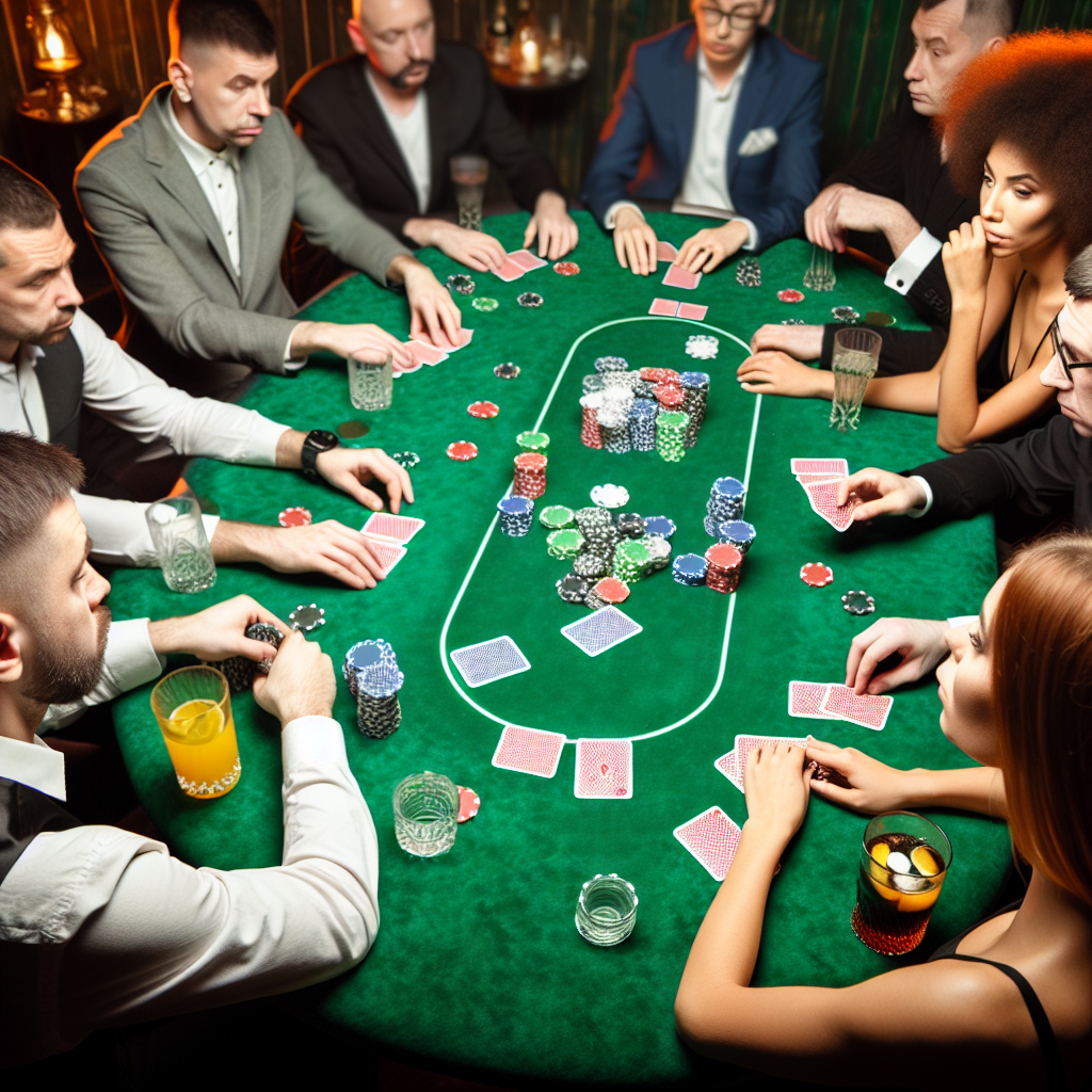 Players at poker table with cards.