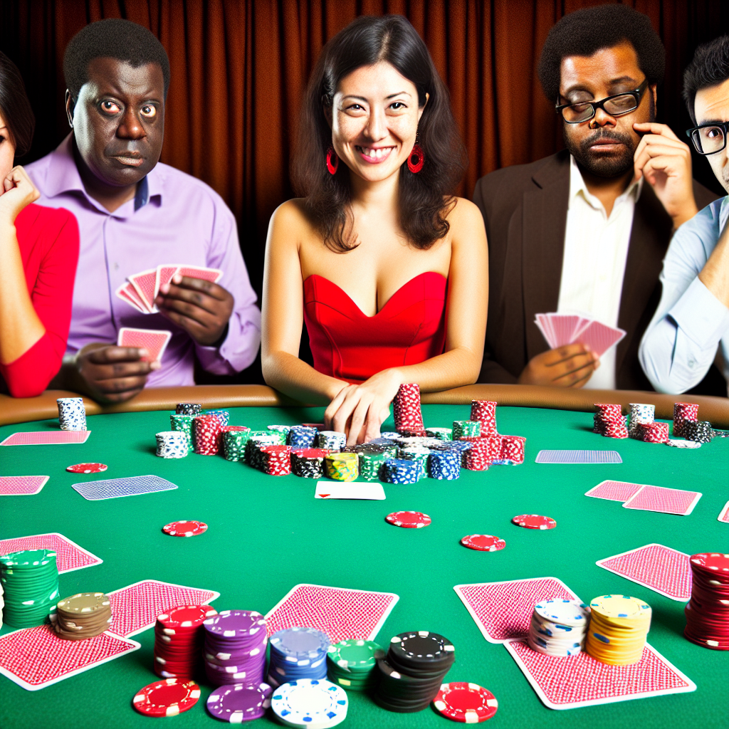 Players at poker table with chips.