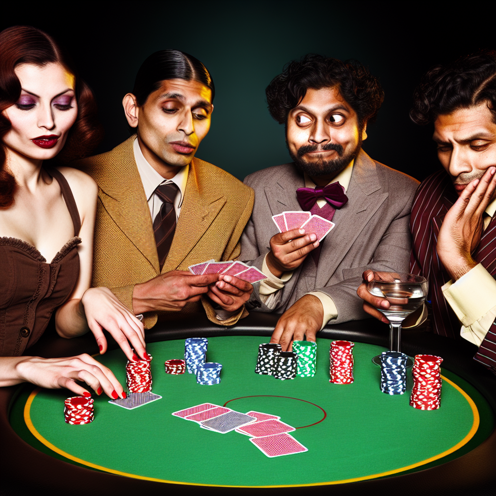 Players strategizing around a poker table.