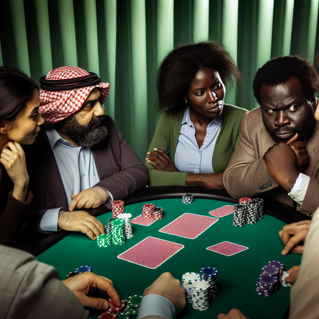 Players strategizing around a poker table.