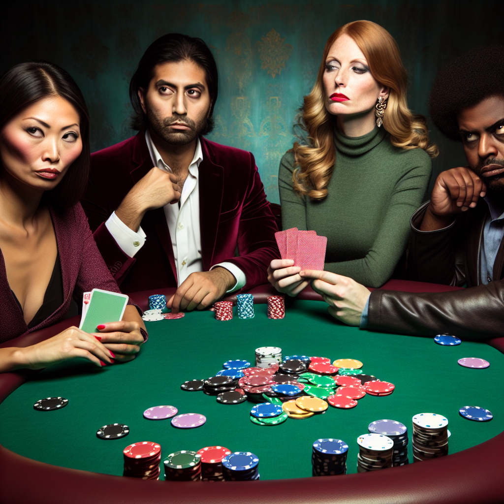 Players strategizing around poker table.