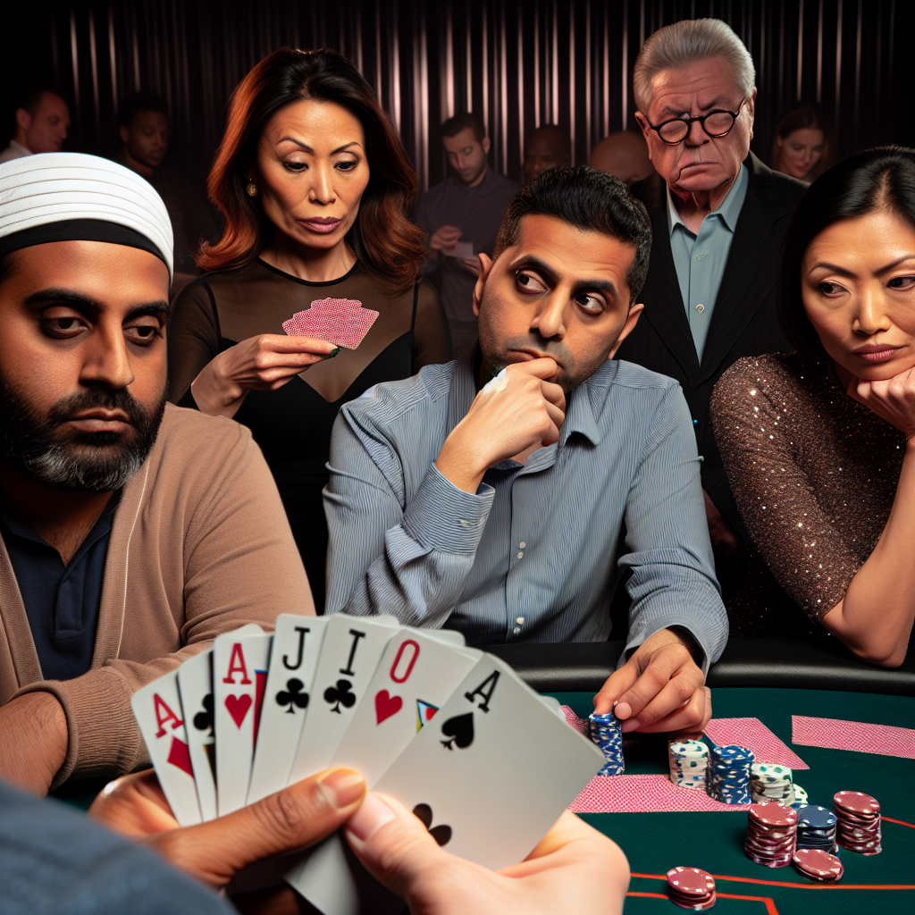 Players studying opponents, bluffing, calculating odds.