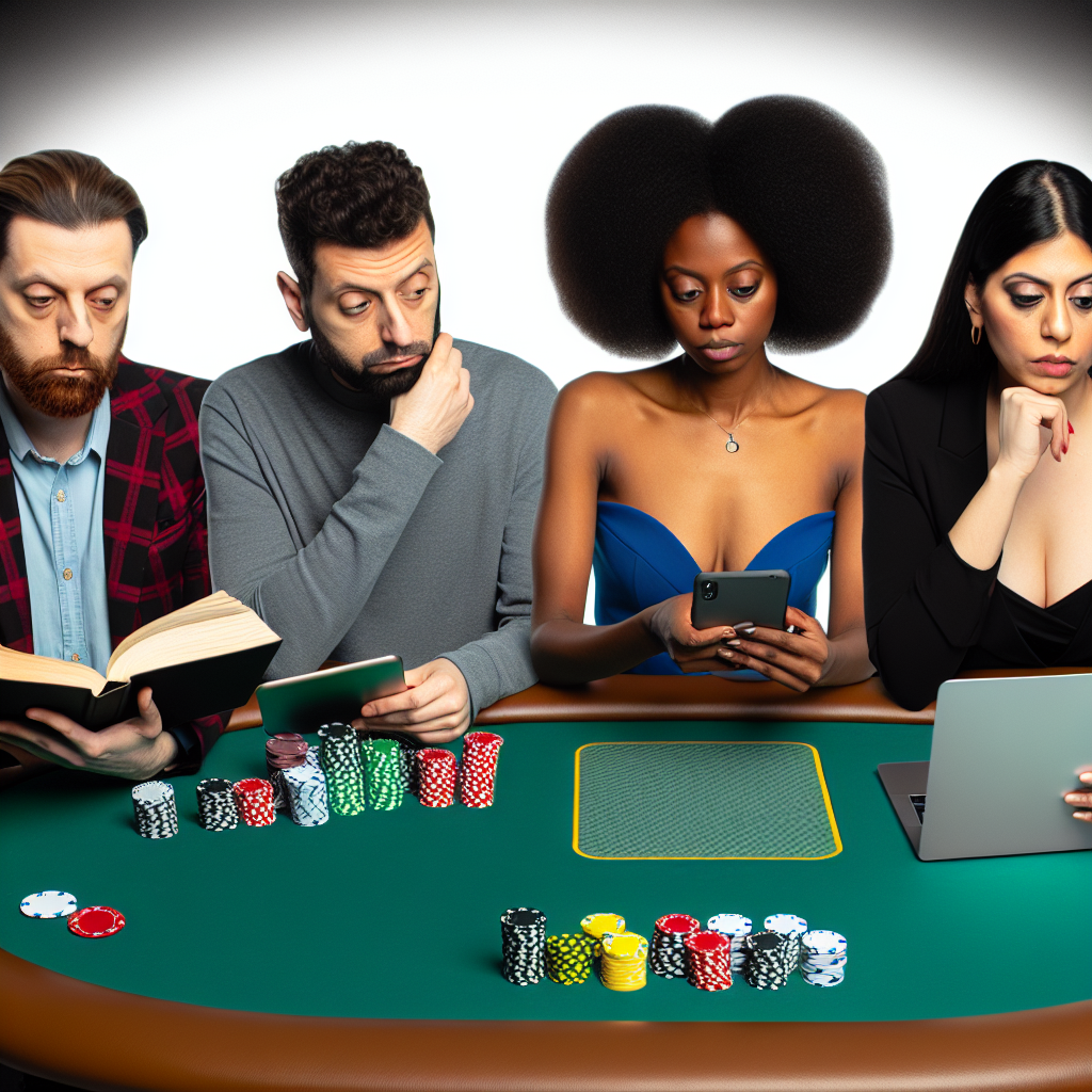 Players studying poker books and strategies.