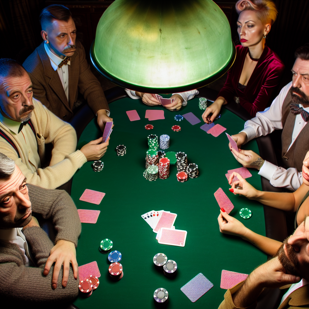 Players studying poker hands around table.