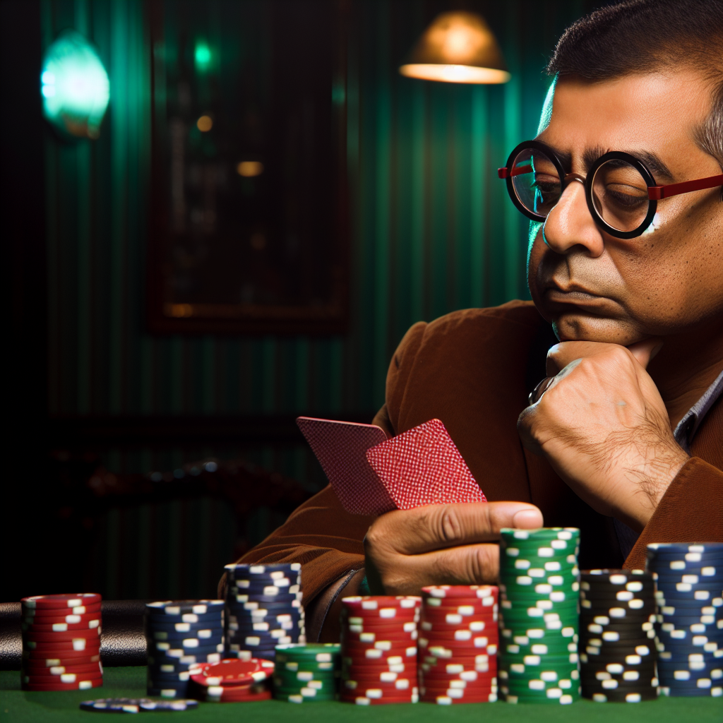 Poker player studying cards and chips.
