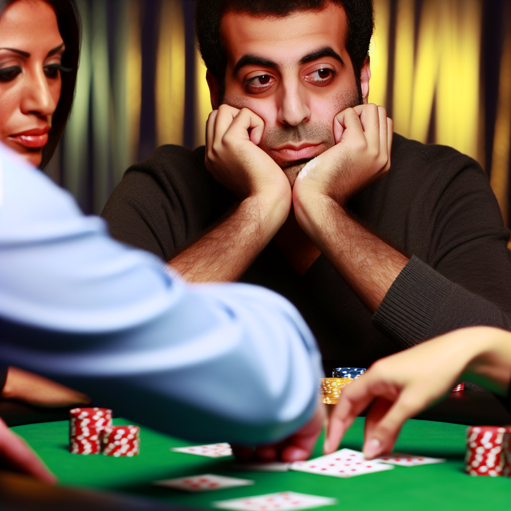 Poker player studying cards and opponents.