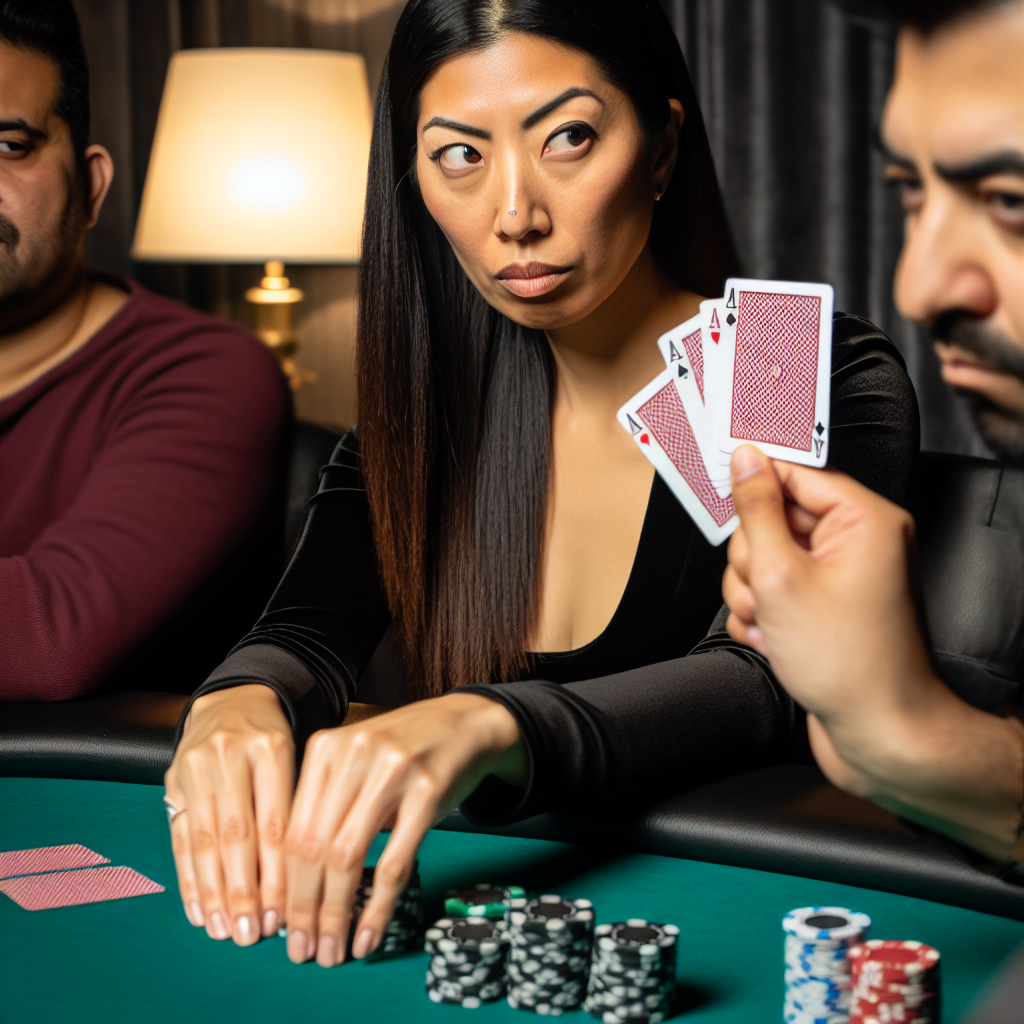 Poker player studying cards and opponents.