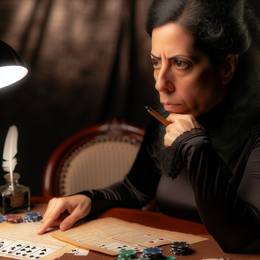 Poker player studying hand charts intensely.