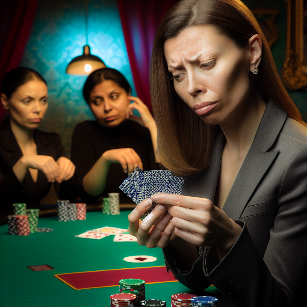 Poker player studying hand, opponents' reactions.