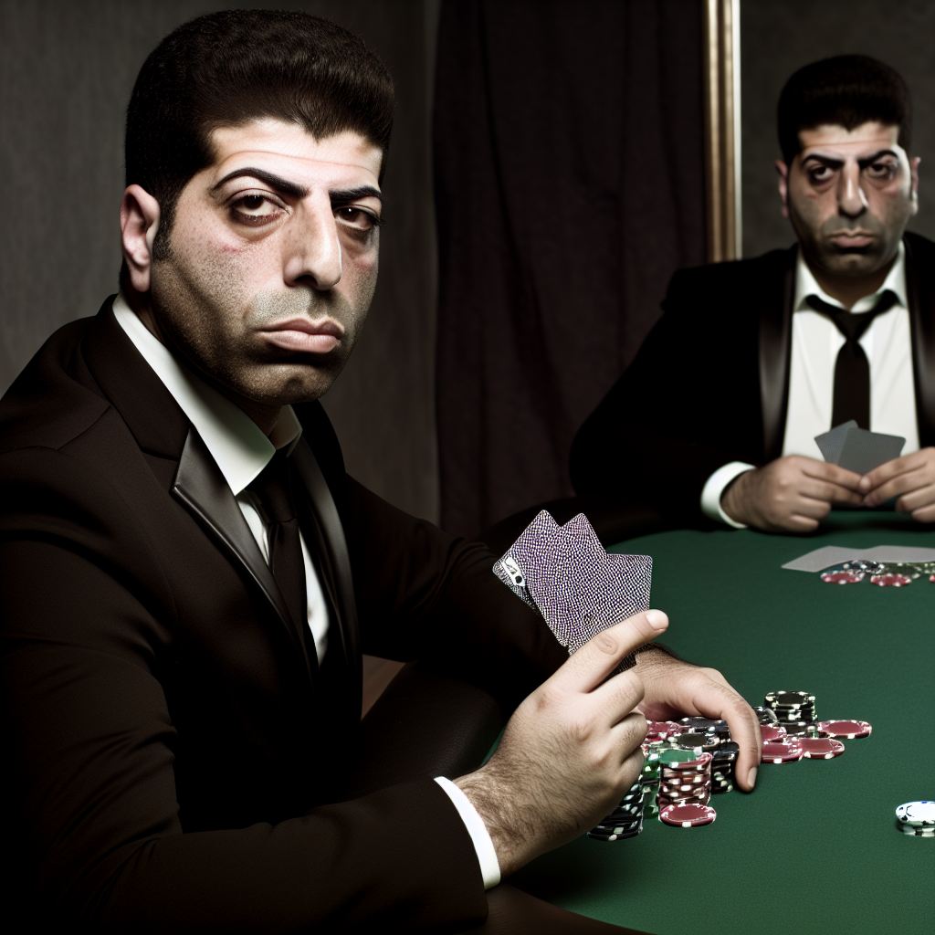 Poker player with focused expression and cards.