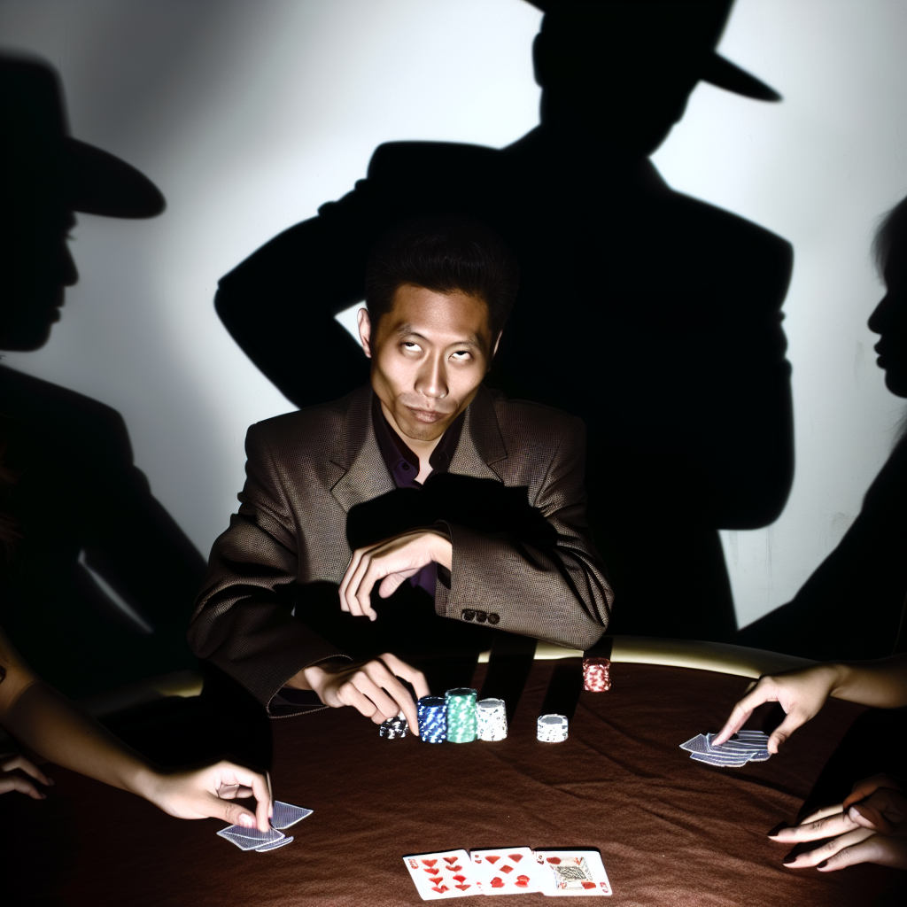 Poker player with strong hand bluffing.