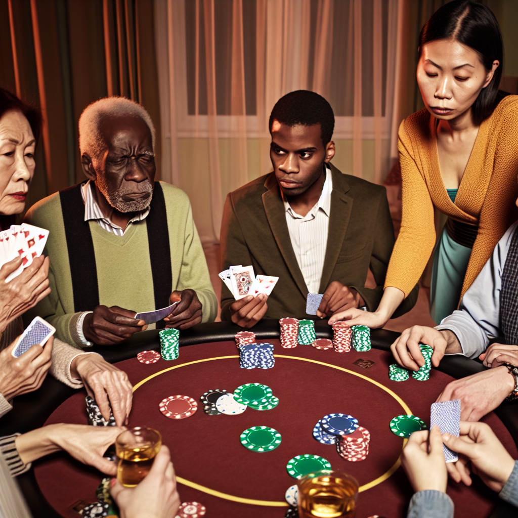 Poker players strategizing around a table.