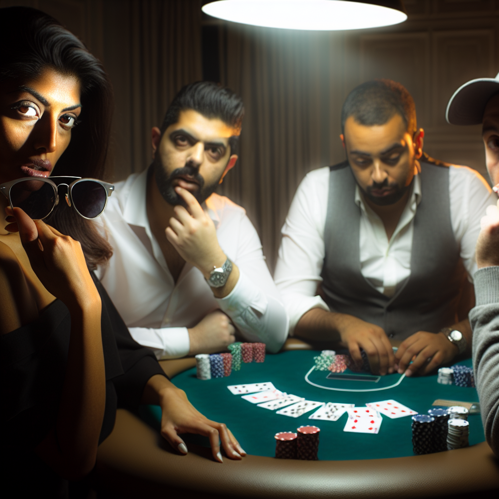 Poker players strategizing during intense betting.