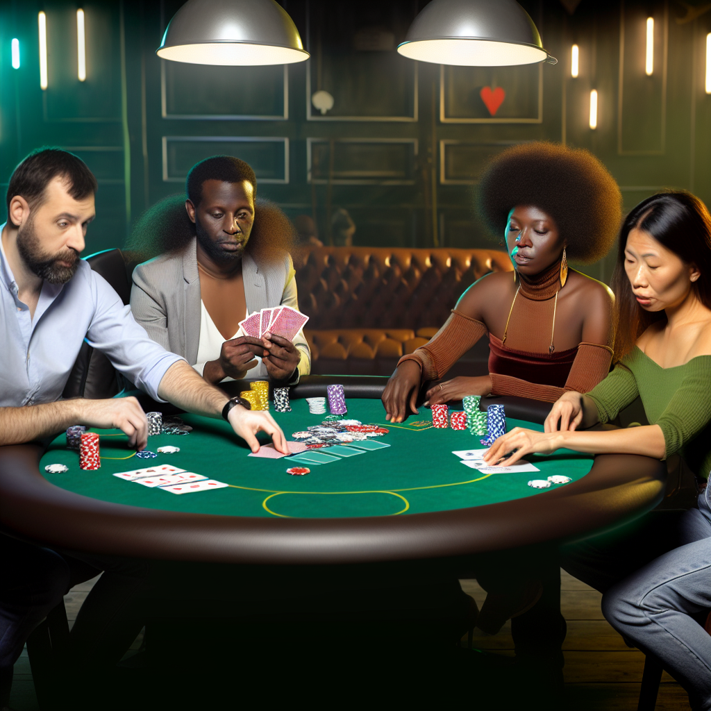 Poker table with cards, chips, players.