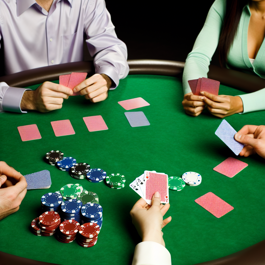 Poker table with cards, chips, players.