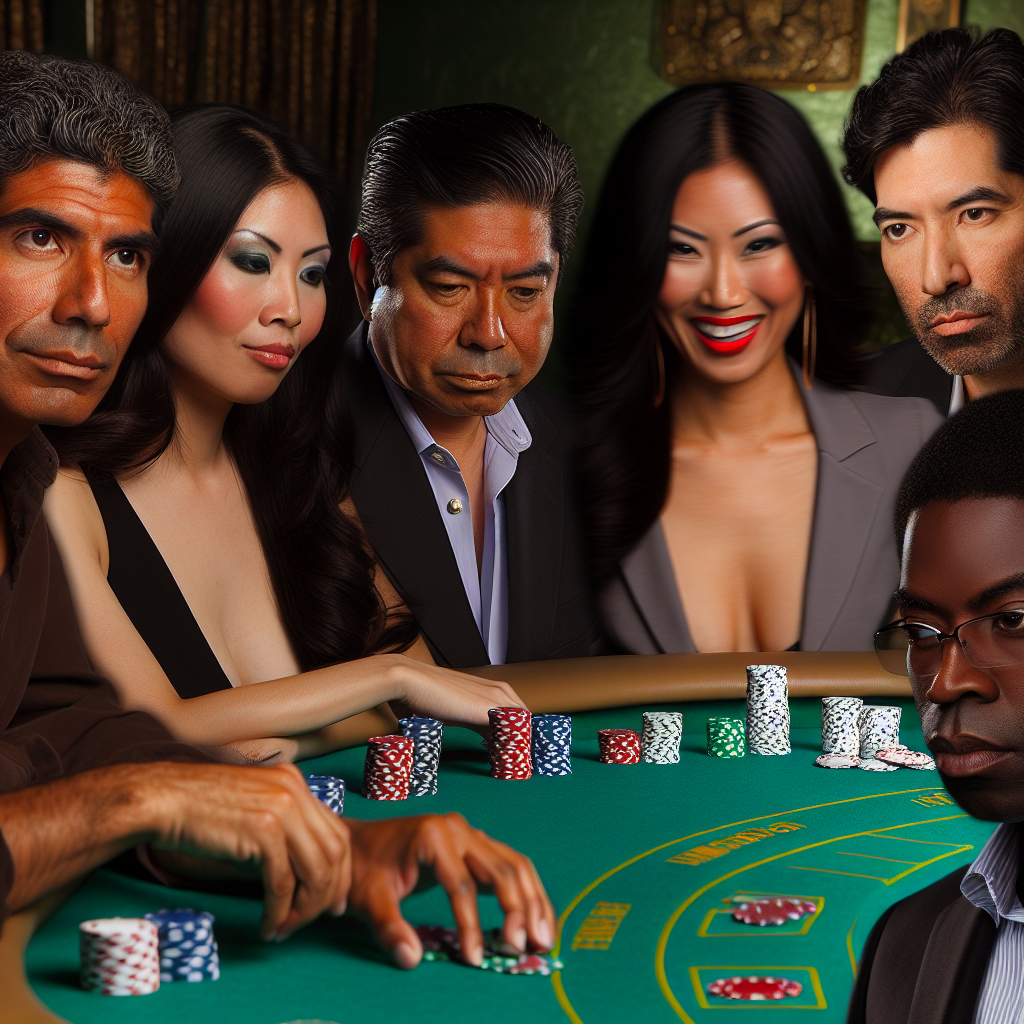 Poker table with players and chips.