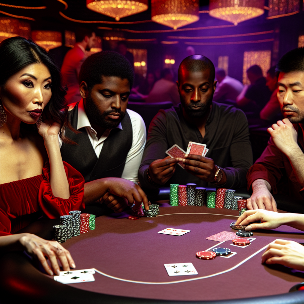 Poker table with players strategizing bets.