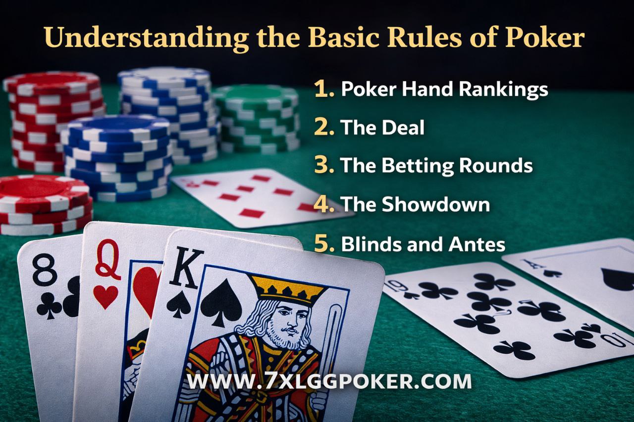 Poker table with cards and chips, showcasing essential poker rules. www.7XLGGPOKER.COM