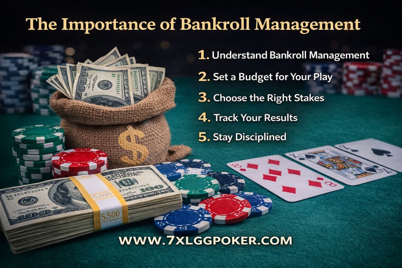 Poker chips and cash representing bankroll management in poker. www.7XLGGPOKER.COM
