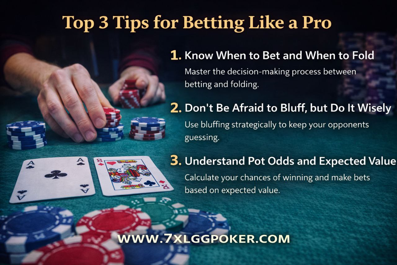 Poker player managing chips, top 3 tips for betting like a pro, www.7XLGGPOKER.COM