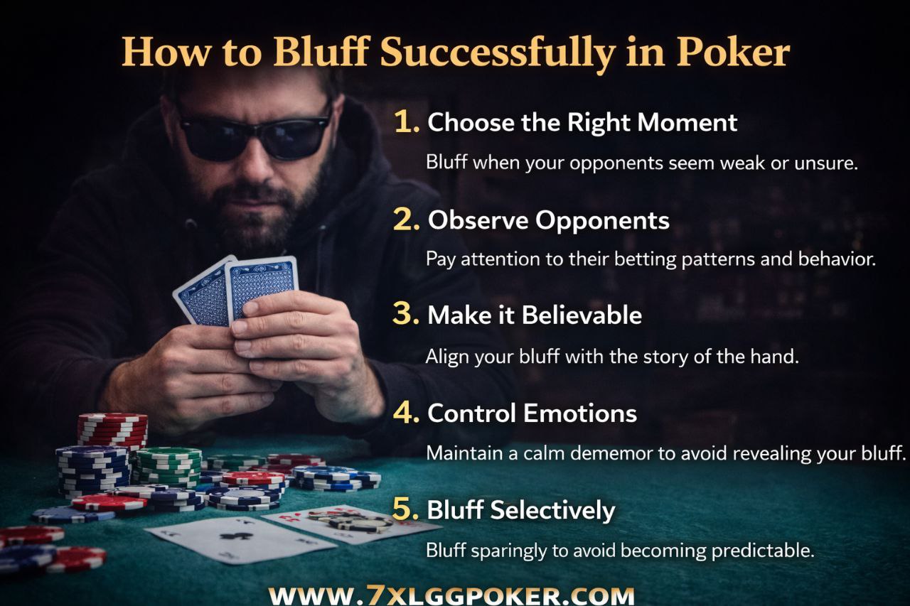 Poker player bluffing with cards and chips, poker bluffing tips, www.7XLGGPOKER.COM