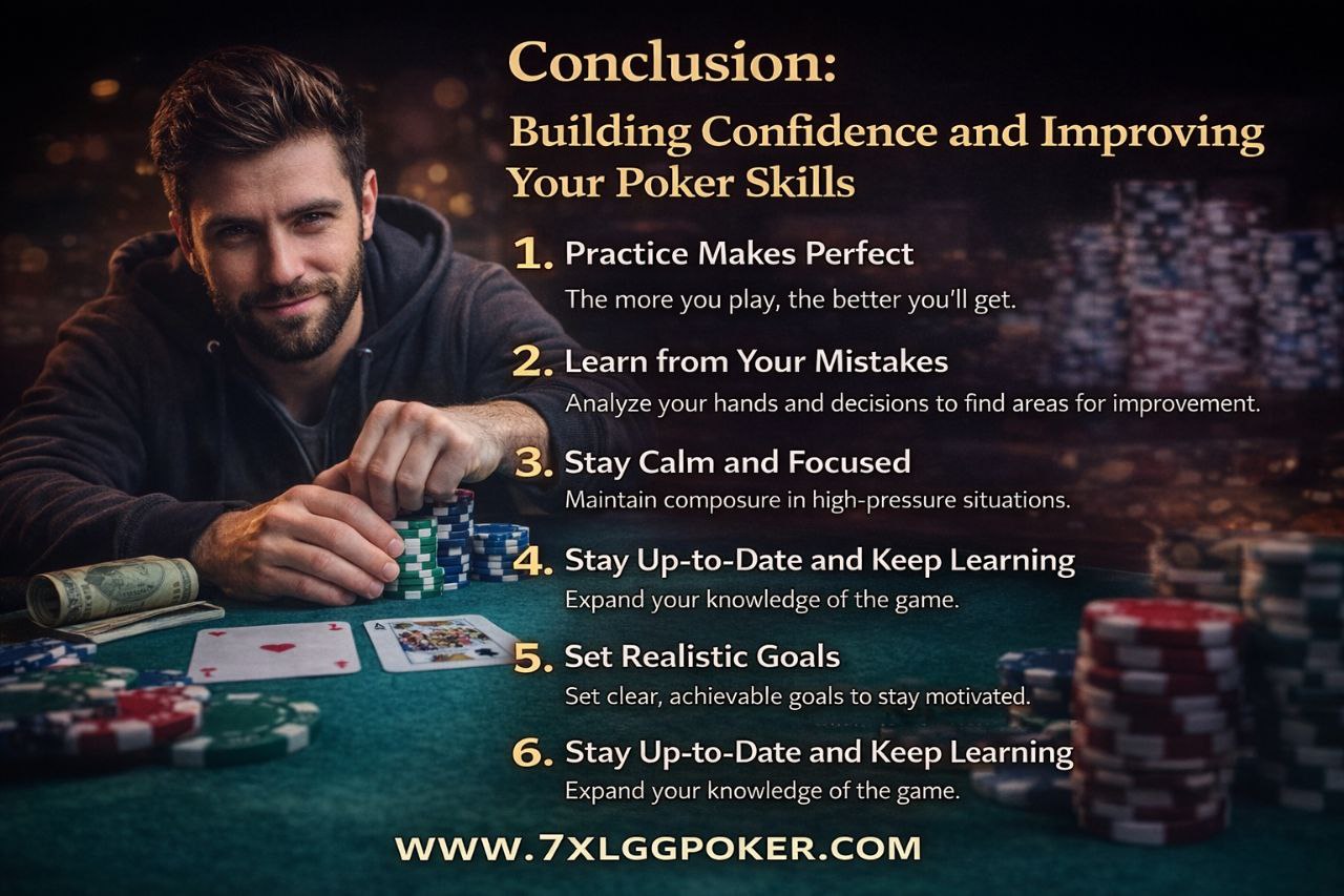 Poker player with cards and chips, building poker confidence and skill, www.7XLGGPOKER.COM